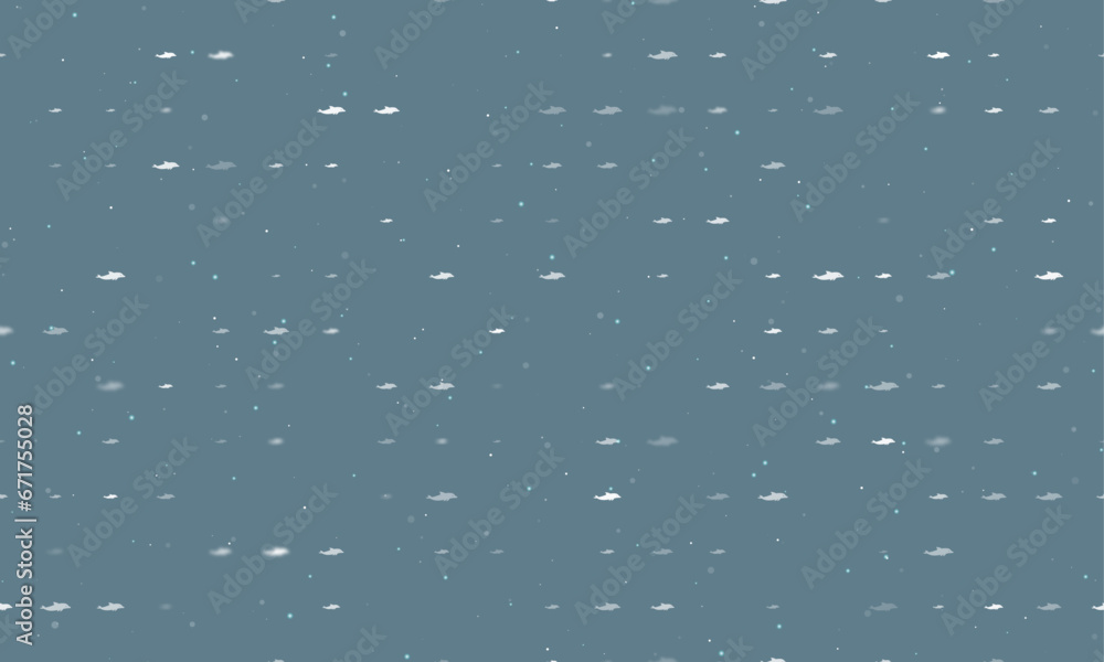 Poster seamless background pattern of evenly spaced white dolphin symbols of different sizes and opacity. v