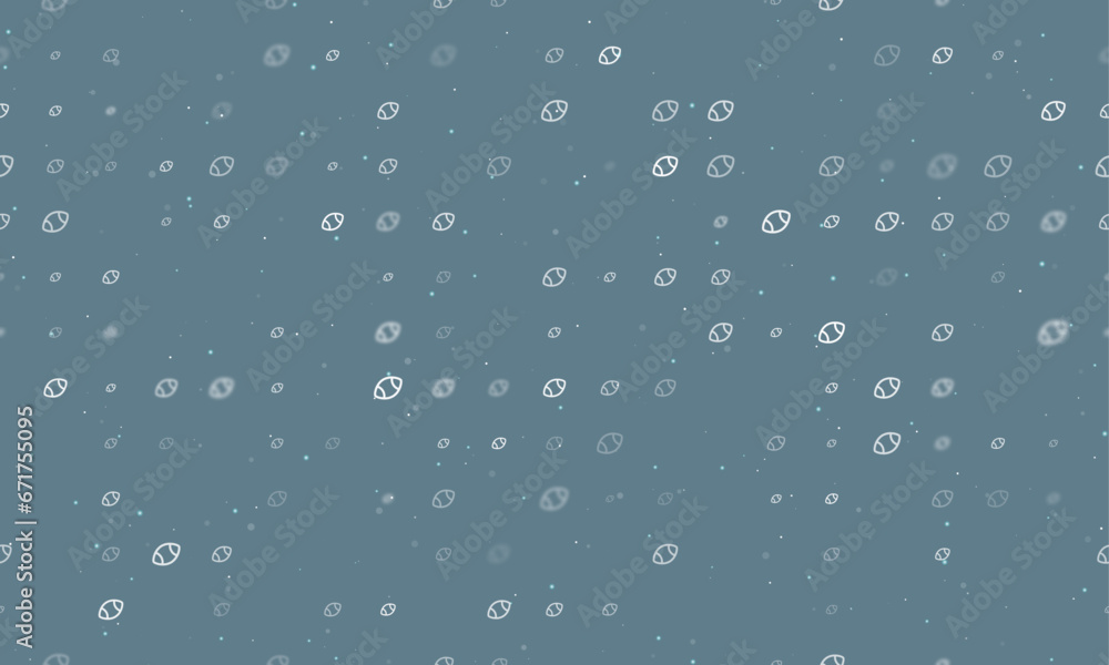 Poster seamless background pattern of evenly spaced white rugby symbols of different sizes and opacity. vec