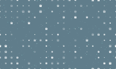 Seamless background pattern of evenly spaced white gift symbols of different sizes and opacity. Vector illustration on blue grey background with stars
