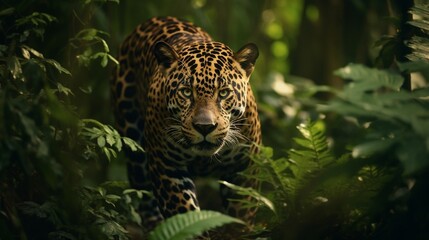 A jaguar stealthily traversing a jungle riverbank, eyes focused and alert.