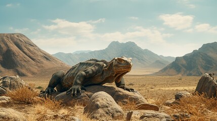 A komodo dragon stalking its prey across an arid, rocky landscape. - Powered by Adobe