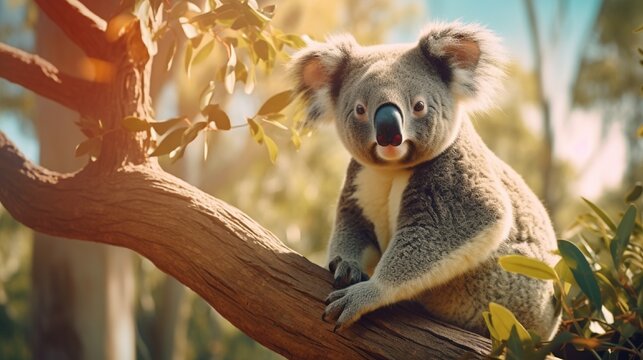 A koala contentedly munching on eucalyptus leaves, perched in a tall tree.