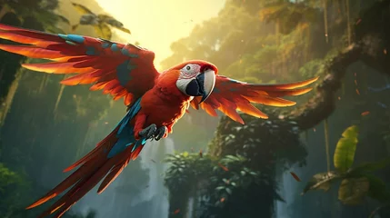 Foto op Canvas A macaw in a tropical rainforest, squawking energetically while perched high in the canopy. © Ai Studio