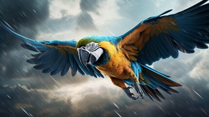 A macaw in vivid blues and yellows flying against a stormy sky.