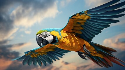 A macaw in vivid blues and yellows flying against a stormy sky. - obrazy, fototapety, plakaty