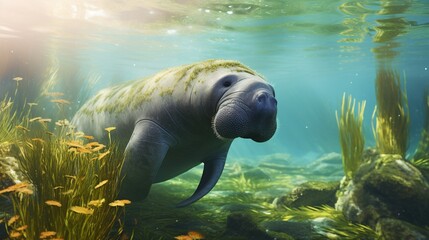A manatee leisurely nibbling on aquatic plants, bathed in sunlit waters. - obrazy, fototapety, plakaty