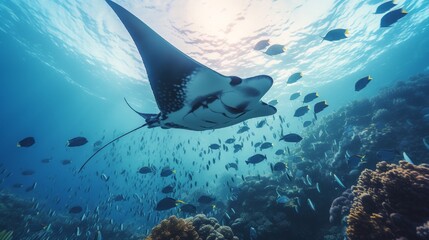 A manta ray gliding gracefully through azure waters, accompanied by a school of fish.