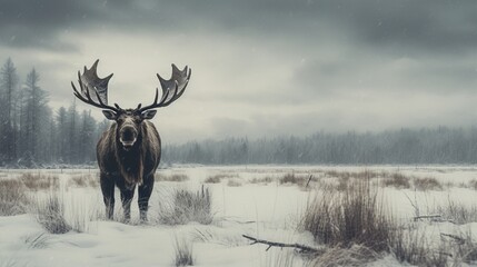 A moose foraging in a snow-covered field during a bleak winter day. - obrazy, fototapety, plakaty