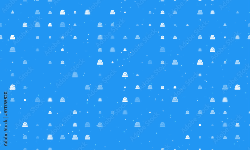 Poster seamless background pattern of evenly spaced white santa claus hat symbols of different sizes and op