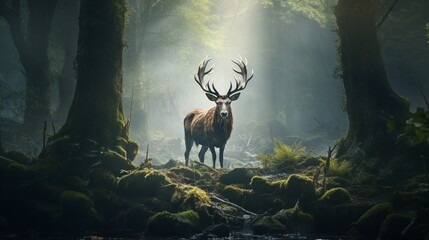 A noble stag standing amidst a foggy woodland, steam emitting from its nostrils. - obrazy, fototapety, plakaty