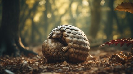 A pangolin rolling itself into a protective ball on a forest floor.