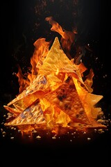 Doritos chips on fire. Hot spicy Mexican traditional snack. Generative Ai - obrazy, fototapety, plakaty