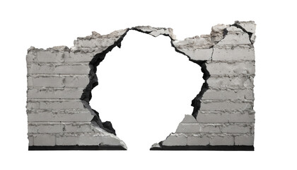 a ruined, collapsed, cracked, or broken concrete brick cement wall, isolated on a transparent...