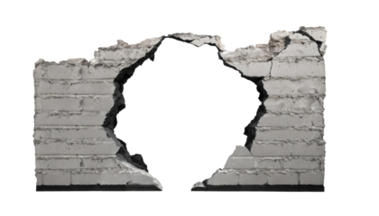 a ruined, collapsed, cracked, or broken concrete brick cement wall, isolated on a transparent background. PNG, cutout, or clipping path.	
