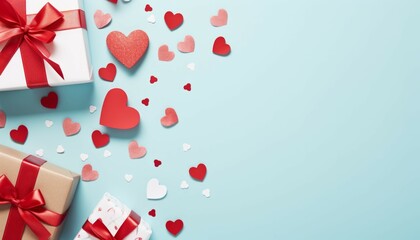 Top view Valentine's Day concept background. White and red paper hearts on pastel blue background....