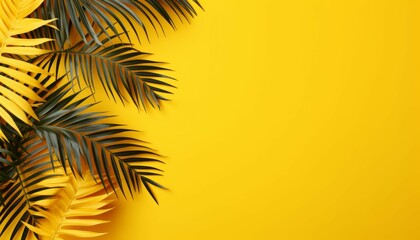 Fototapeta na wymiar Top view tropical palm leaves on yellow isolated background. Summer concept photo with copy space