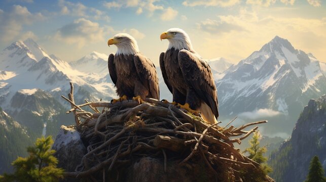 A pair of eagles tending to their nest on a craggy mountain cliff.
