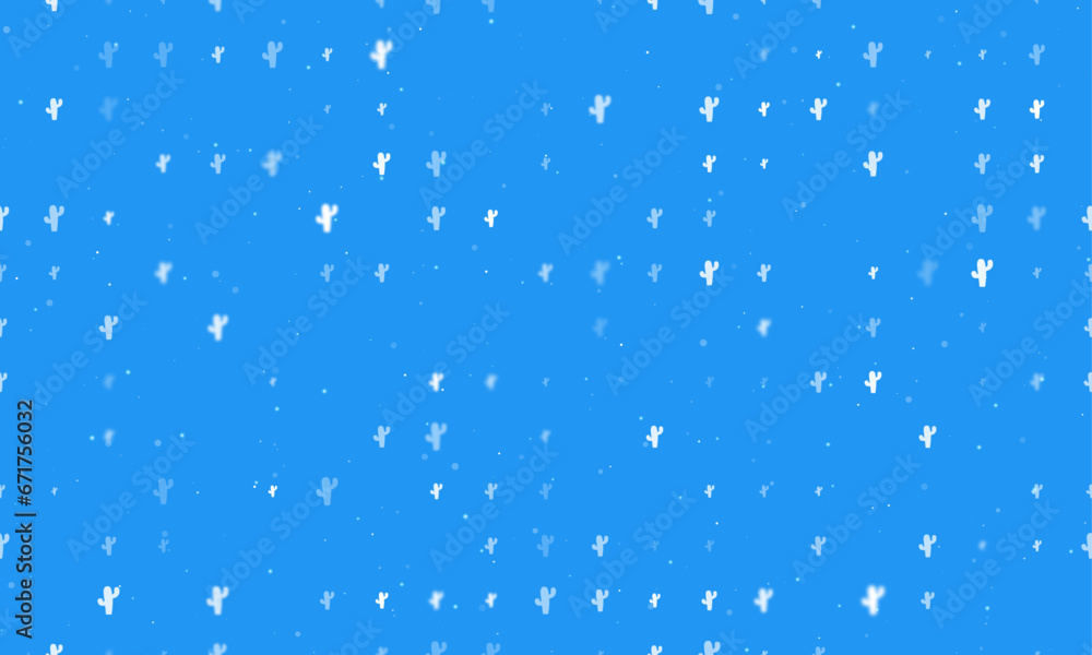 Poster seamless background pattern of evenly spaced white cactus symbols of different sizes and opacity. ve