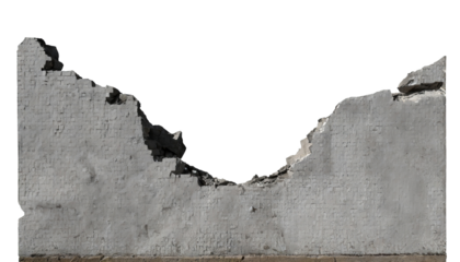 a ruined, collapsed, cracked, or broken concrete brick cement wall, isolated on a transparent background. PNG, cutout, or clipping path.	
