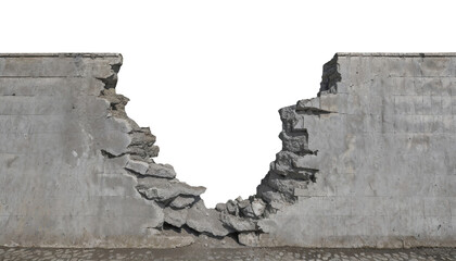 a ruined, collapsed, cracked, or broken concrete brick cement wall, isolated on a transparent background. PNG, cutout, or clipping path. - obrazy, fototapety, plakaty