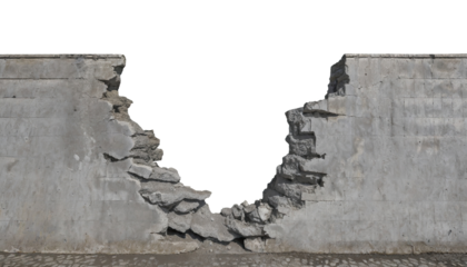 a ruined, collapsed, cracked, or broken concrete brick cement wall, isolated on a transparent background. PNG, cutout, or clipping path.