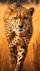 A Photograph capturing the grace and power of a wild cheetah in the open savannah, its sleek form blending harmoniously with the golden grasses.