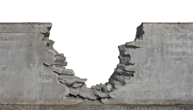 a ruined, collapsed, cracked, or broken concrete brick cement wall, isolated on a transparent background. PNG, cutout, or clipping path.