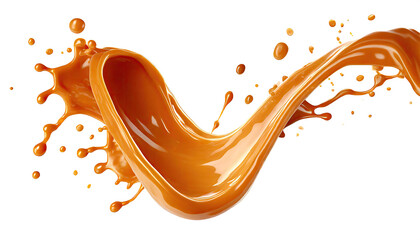 a caramel splash, sweet liquid candy swirls, and waves splashing with droplets. Isolated brown melt toffee syrup stream with splatters and dynamic motion, perfect for ads and promo design. - obrazy, fototapety, plakaty
