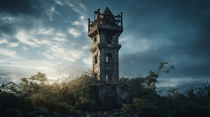 An old, abandoned tower with a window