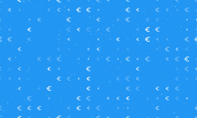 Seamless background pattern of evenly spaced white euro symbols of different sizes and opacity. Vector illustration on blue background with stars