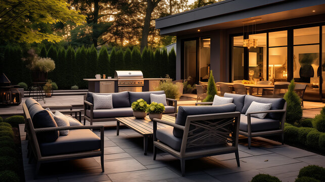 Moderne Terrasse, Sitzgruppe, gem&uuml;tlich, Grillen, Einfamilienhaus, Garten