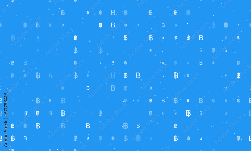 Poster seamless background pattern of evenly spaced white thai baht symbols of different sizes and opacity.