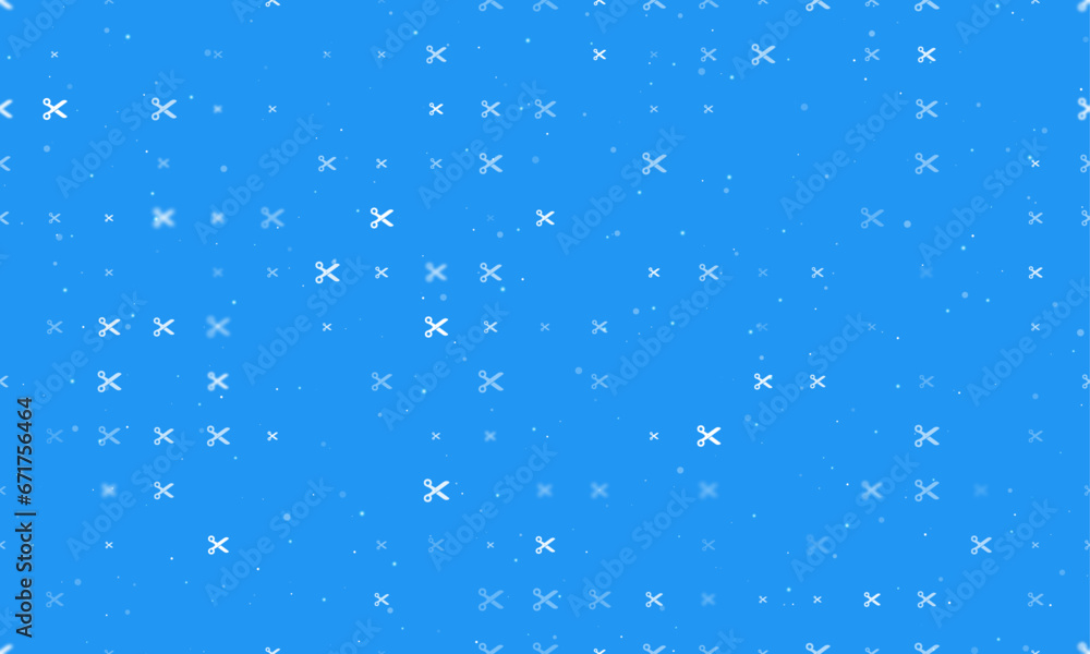Poster seamless background pattern of evenly spaced white scissors symbols of different sizes and opacity. 