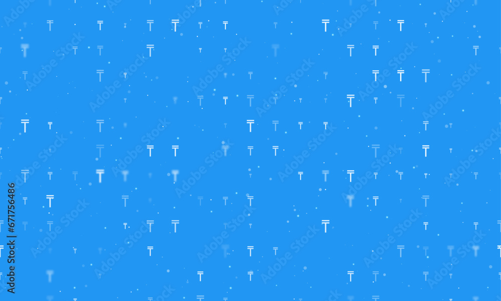 Poster seamless background pattern of evenly spaced white tenge symbols of different sizes and opacity. vec