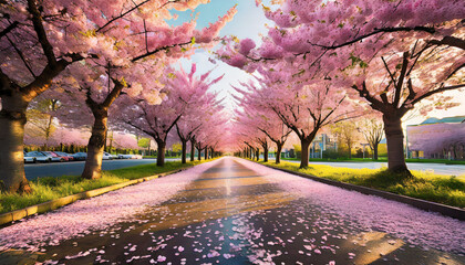 Street lined by cherry blossom trees  - obrazy, fototapety, plakaty