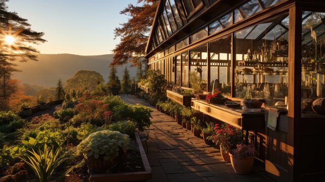 Transparent greenhouse fostering plant biodiversity, sun flare