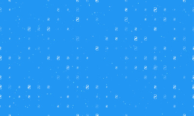 Seamless background pattern of evenly spaced white hryvnia symbols of different sizes and opacity. Vector illustration on blue background with stars