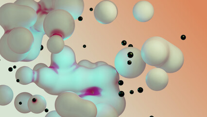 Liquid fluid dynamic abstract animated white metaball floating spheres blobs drops bubbles in transition deformation beige background with black little pearls 3d render for presentation business adds