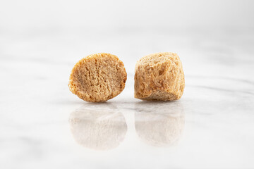 Close-up of dehydrated soya chunks