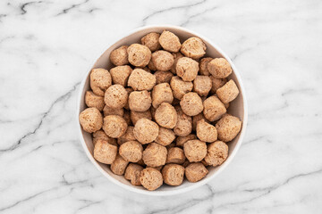 Close-up of dehydrated soya chunks