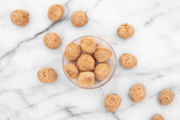 Close-up of dehydrated soya chunks