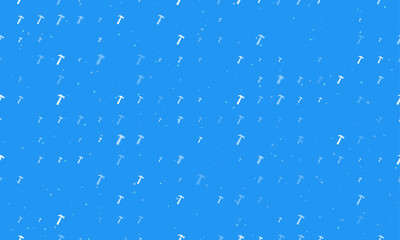 Seamless background pattern of evenly spaced white hammer symbols of different sizes and opacity. Vector illustration on blue background with stars