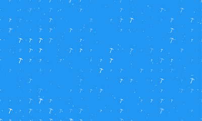 Seamless background pattern of evenly spaced white pickaxe symbols of different sizes and opacity. Vector illustration on blue background with stars