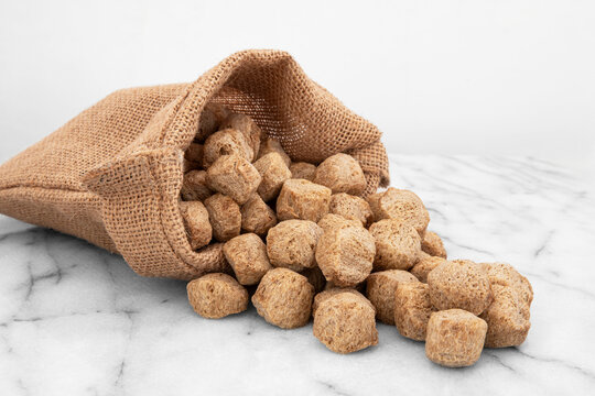 Close-up of dehydrated soya chunks