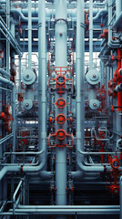 Pipeline and pipe rack of petroleum, chemical, hydrogen or ammonia industrial plant. Industrial zone, vertical format - obrazy, fototapety, plakaty
