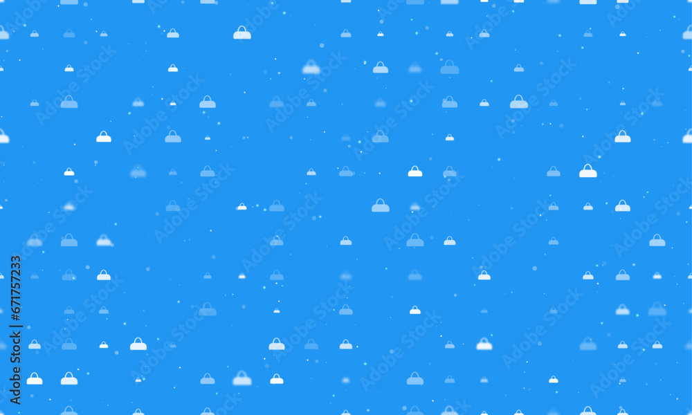 Poster seamless background pattern of evenly spaced white sports bag symbols of different sizes and opacity