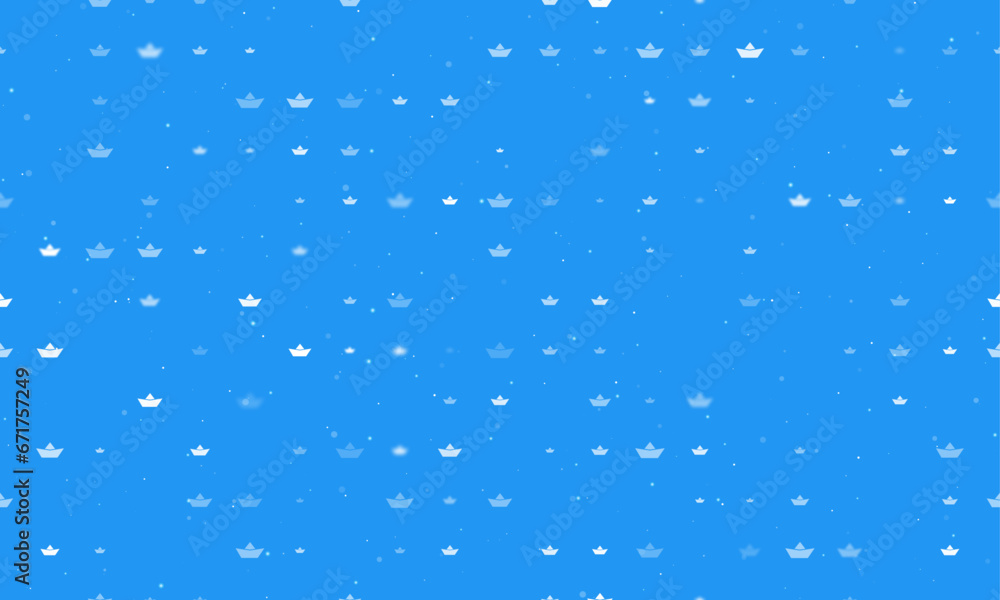 Poster seamless background pattern of evenly spaced white paper boat symbols of different sizes and opacity