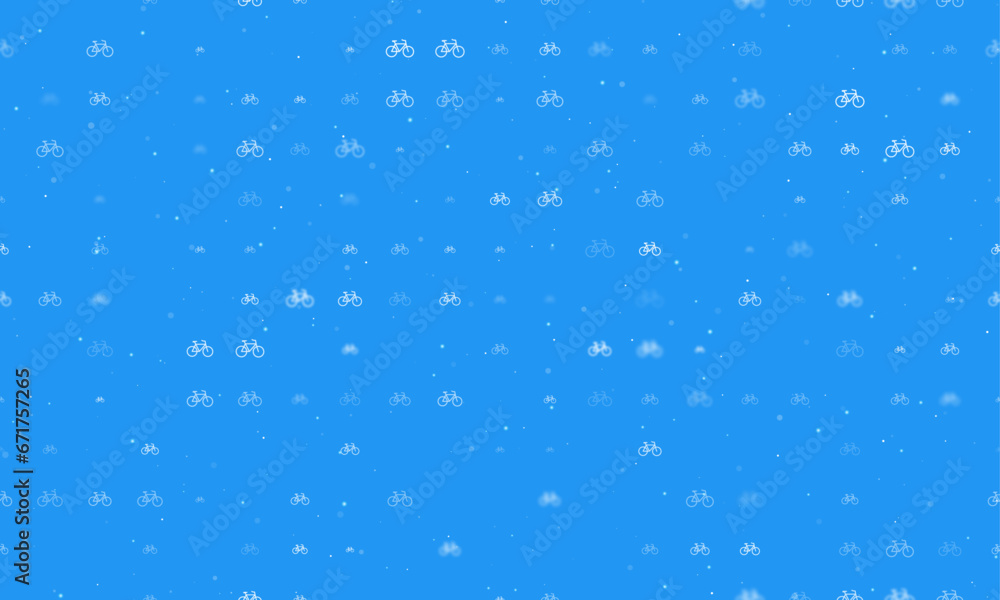 Poster seamless background pattern of evenly spaced white bicycle symbols of different sizes and opacity. v
