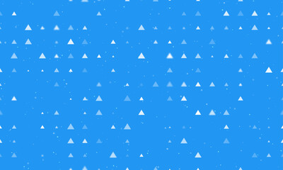 Seamless background pattern of evenly spaced white triangle symbols of different sizes and opacity. Vector illustration on blue background with stars