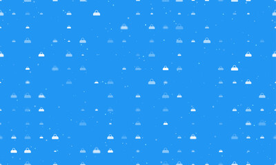 Seamless background pattern of evenly spaced white sports bag symbols of different sizes and opacity. Vector illustration on blue background with stars